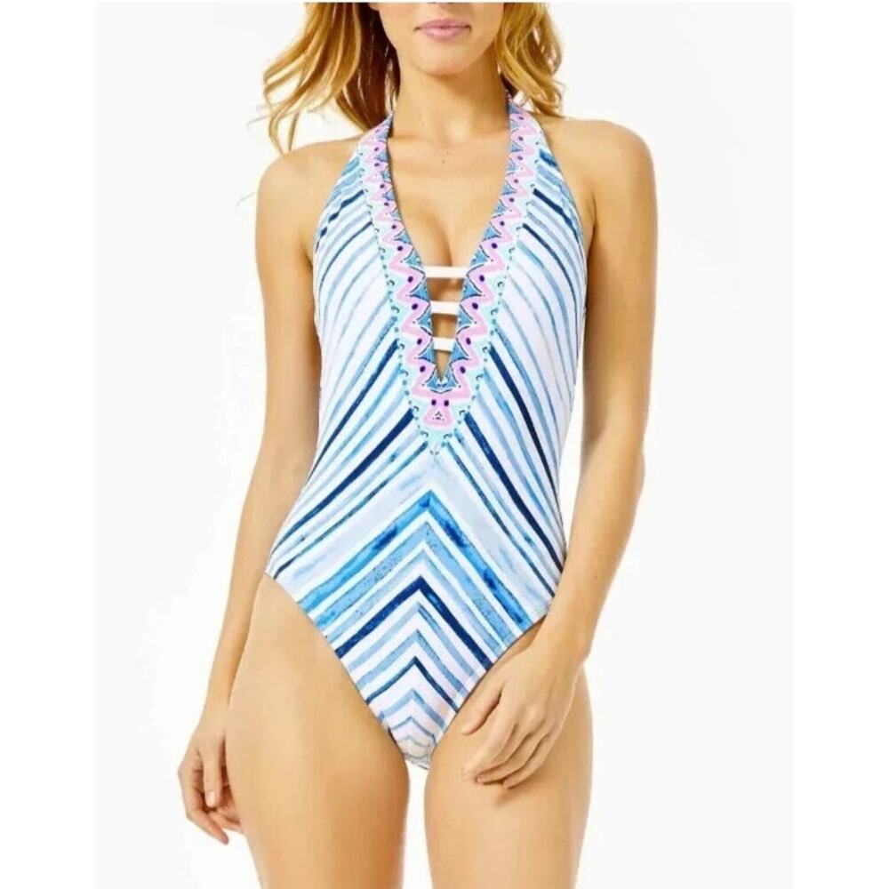 Lilly Pulitzer Loraline One Piece Swimsuit 6 Seaside Vibes Stripe EUC - Picture 4 of 14